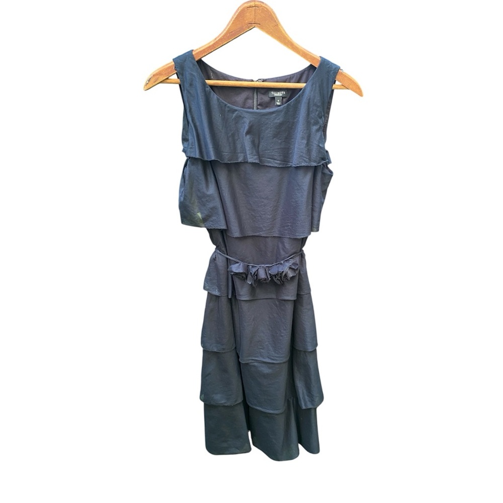 Talbots black Tiered ruffle Midi Dress size 4 cotton lined sleeveless belted